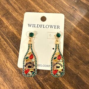 Bejeweled Champagne Bottle Earrings - Gold and Green